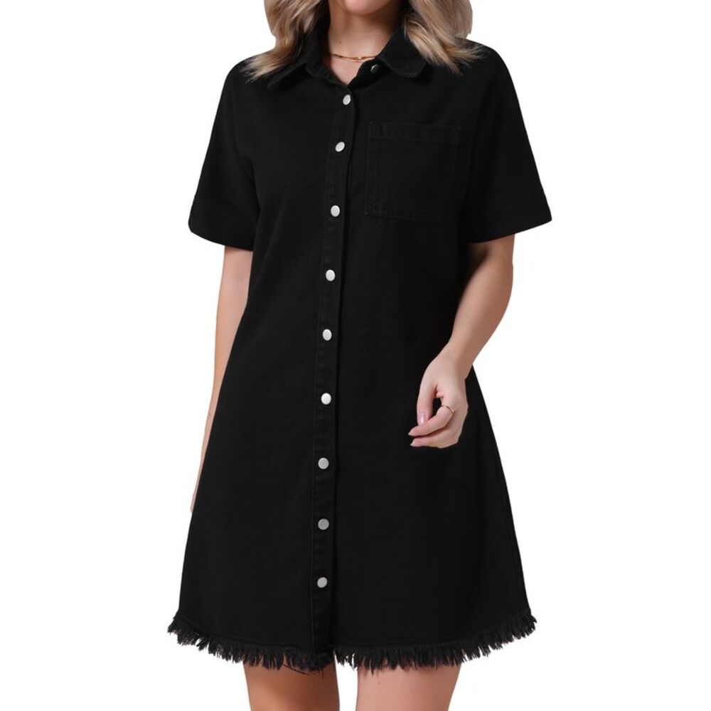 Button Front Frayed Hem Collared Short Sleeve Jean Shirt Dresses Black